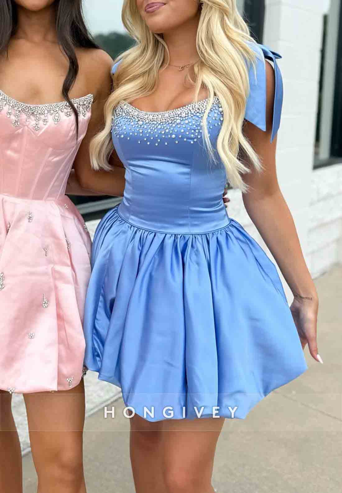 Bowknot Beading Off the Shoulder Satin Pleated Princess Mini Homecoming dresses