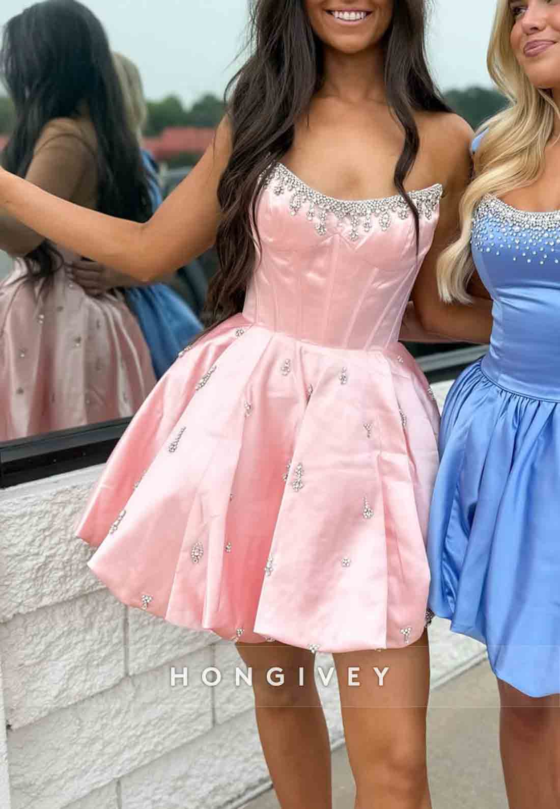 Appliqued Strapless Satin Pleated Sleeveless Princess Mini Homecoming Dresses