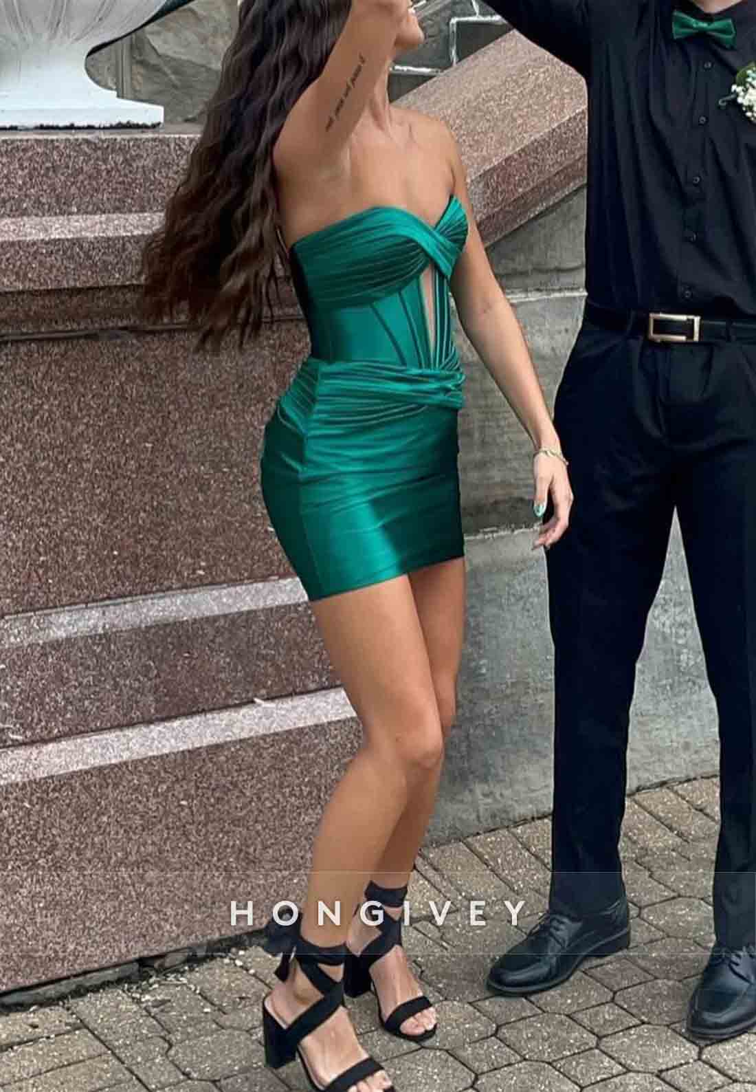 Satin Pleated Low Back Sweetheart Strapless Pleated Mini Homecoming Dresses
