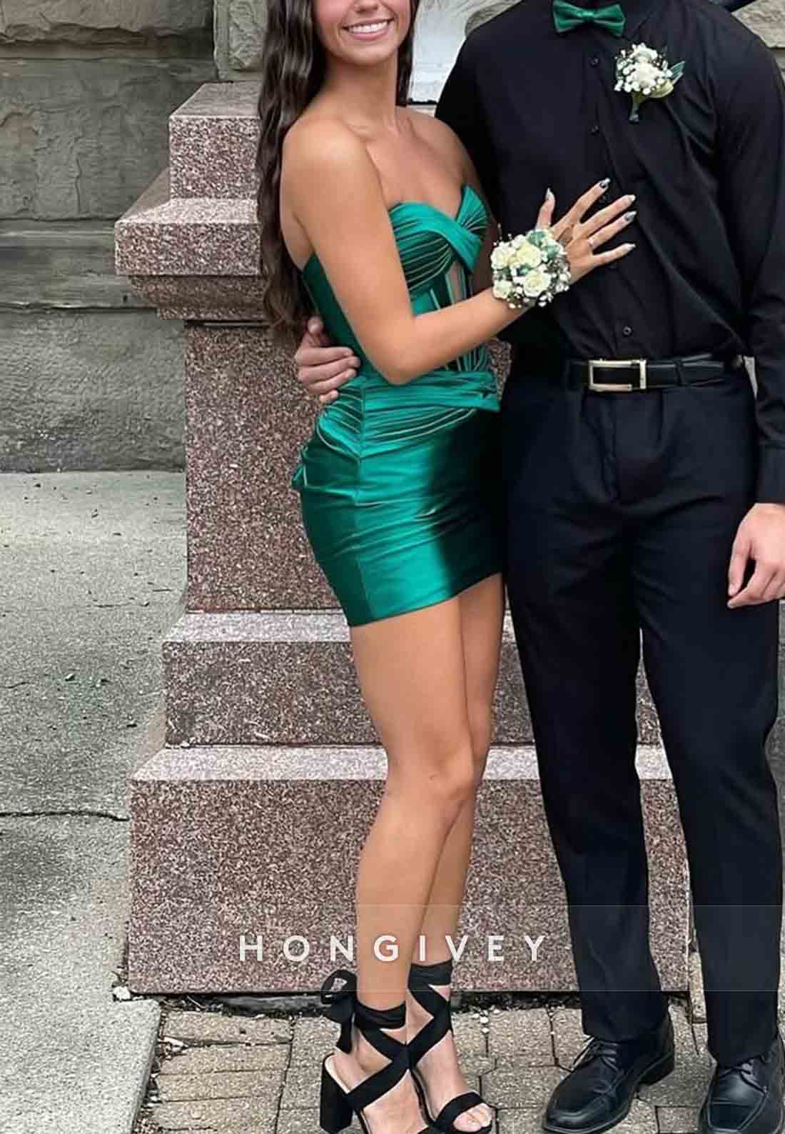Satin Pleated Low Back Sweetheart Strapless Pleated Mini Homecoming Dresses