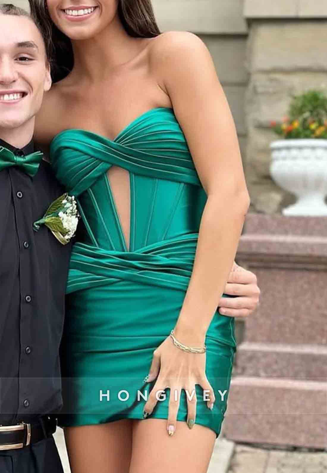 Satin Pleated Low Back Sweetheart Strapless Pleated Mini Homecoming Dresses