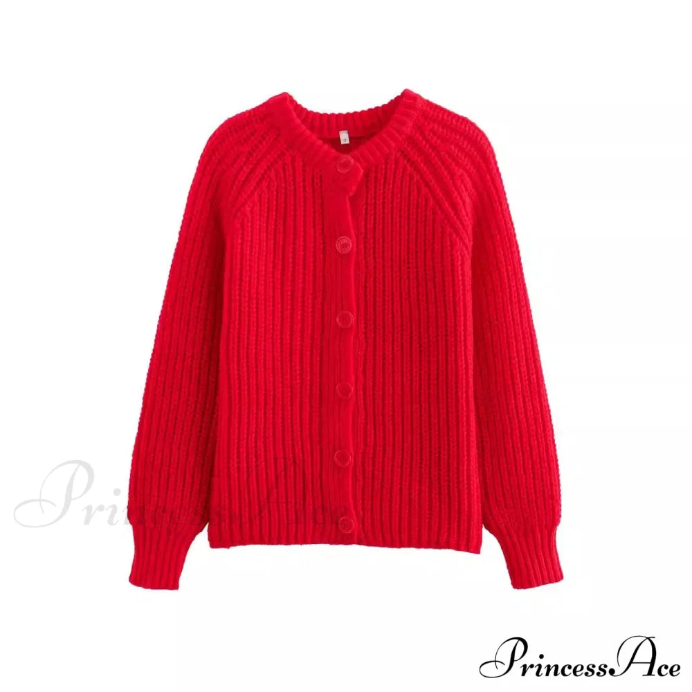 Short Cardigan with Round Neck Long Sleeve Fashionable Red Christmas Sweater