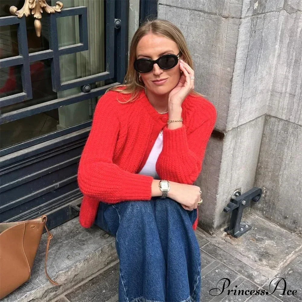 Short Cardigan with Round Neck Long Sleeve Fashionable Red Christmas Sweater