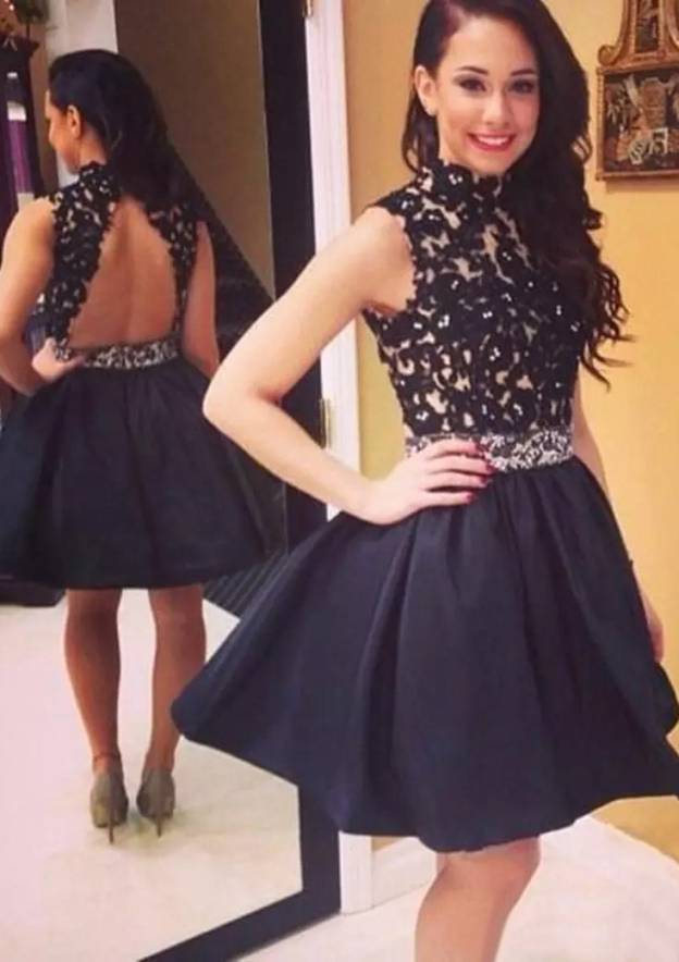 Short Satin Homecoming Dress Ball Gown With Lace High-Neck - Fashionpara