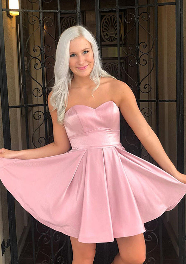 Short Satin Homecoming Dress with Sweetheart Neckline and Ruffles - Fashionpara