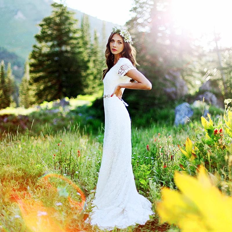 Short Sleeves Lace Boho Wedding Dress On Sale - Fashionpara