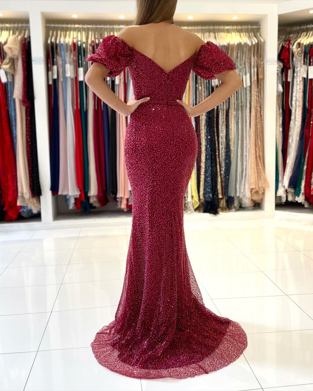 Short Sleeves Mermaid Prom Dress Long With Slit Off-the-Shoulder - Fashionpara