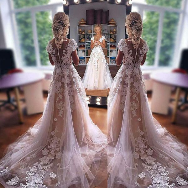 Short Sleeves Wedding Dress Lace Appliques Zipper Back - Fashionpara