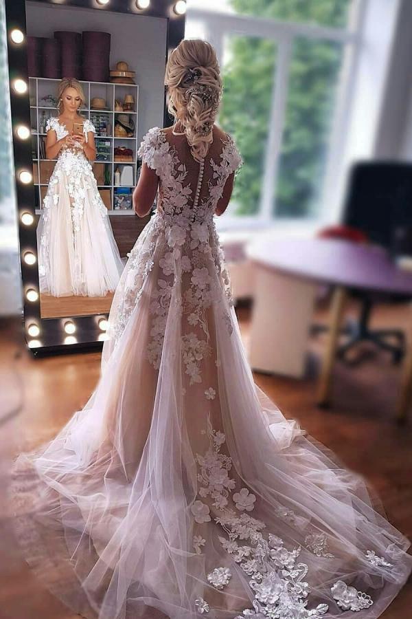 Short Sleeves Wedding Dress Lace Appliques Zipper Back - Fashionpara