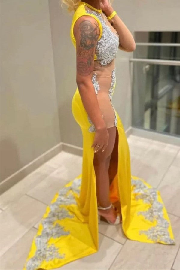 Side Split Yellow Prom Dress Mermaid With Appliques - Fashionpara