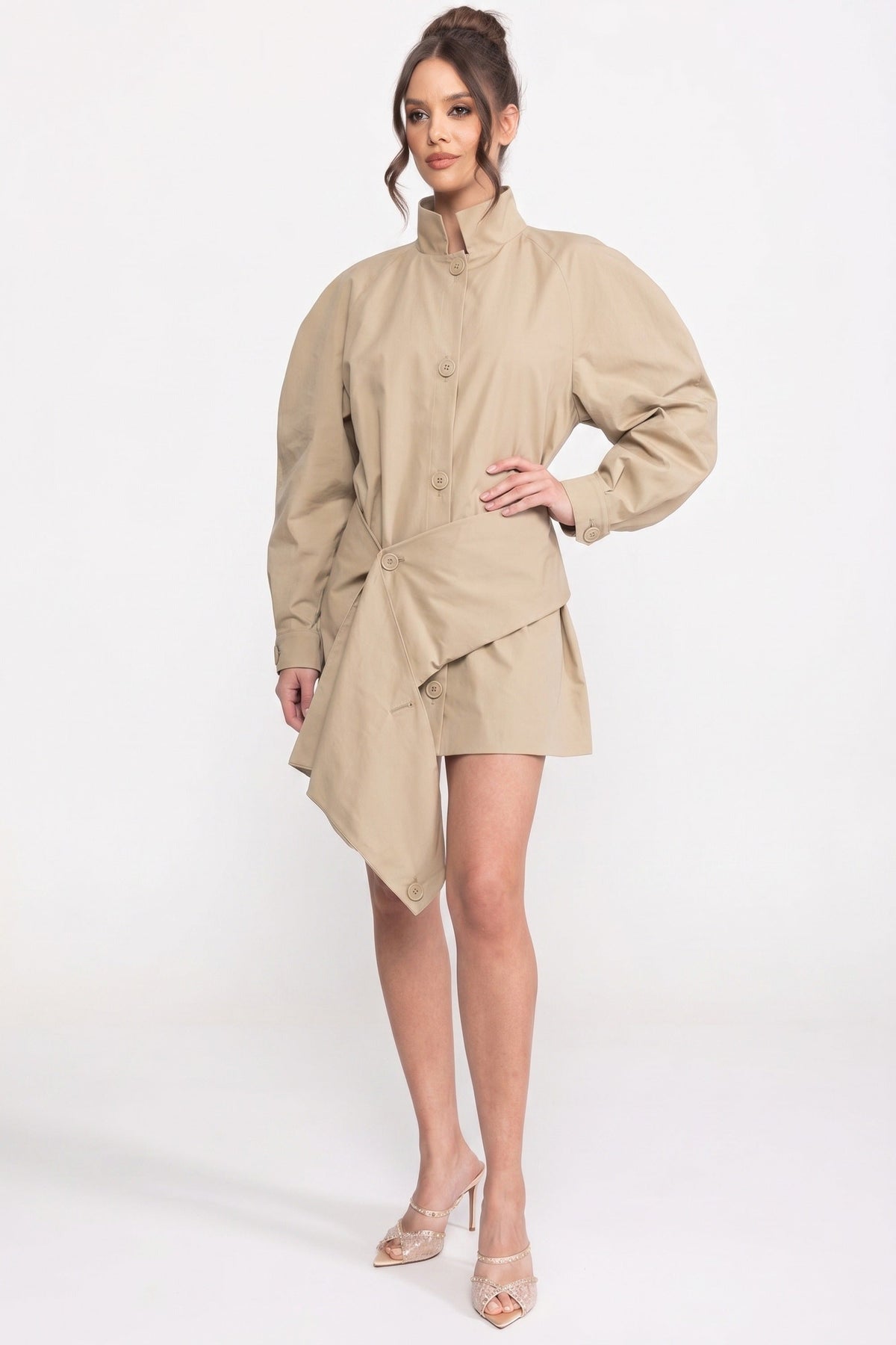Button Front Puff Sleeve Belted Wrap Tie Asymmetric Hem Mini Dress - View 4
