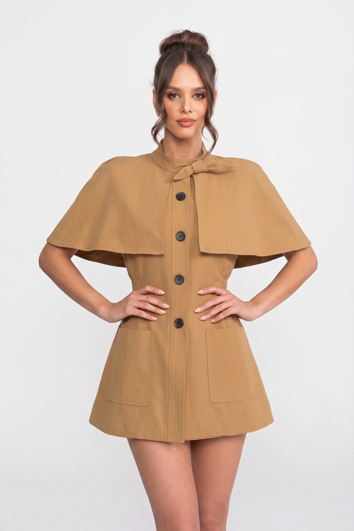 Cape Overlay Mock Neck Button Front Patch Pocket Sleeveless Mini Dress