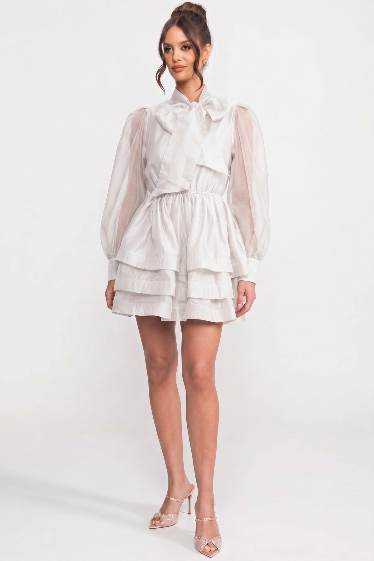 High-Neck Puff-Sleeve Mini Dress - White - View 4