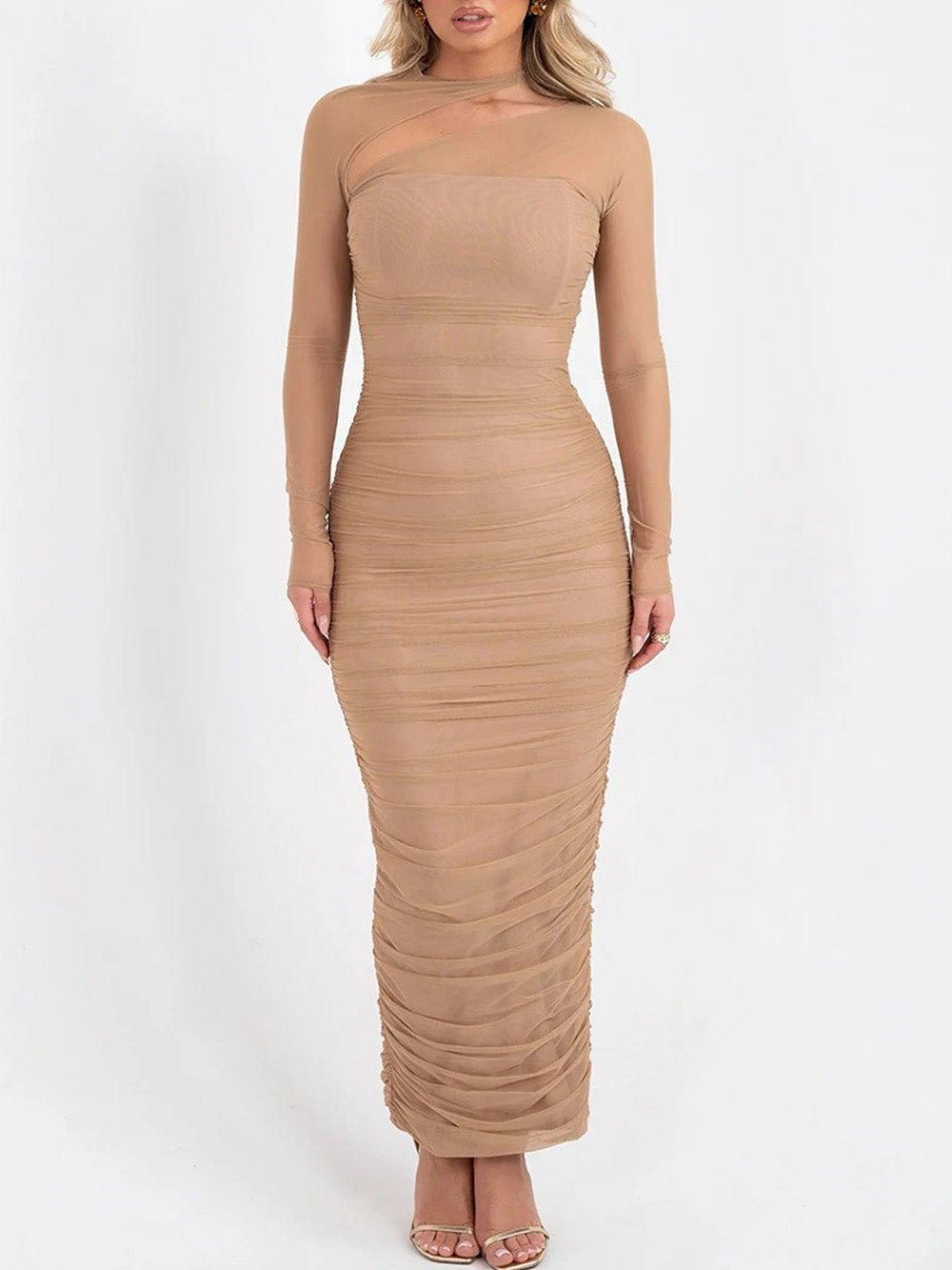 Sienna Mesh Ruched Maxi Dress in Beige