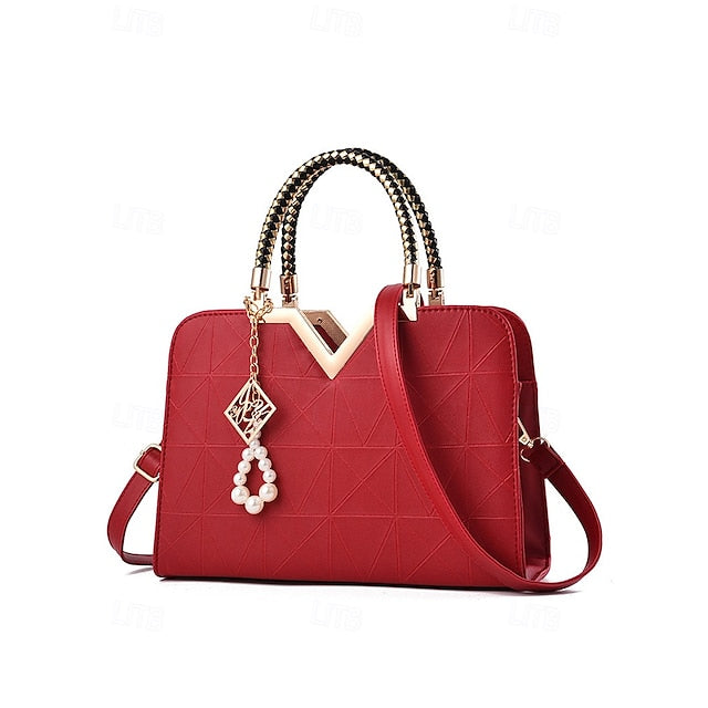 Handbag Faux with Elegant Pendant Pearl Leather