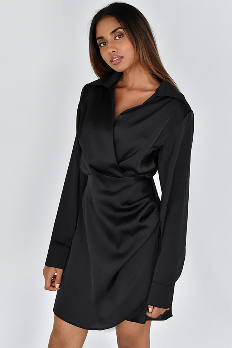 Silky Collared V Neck Ruched Wrap Trim Long Sleeve Mini Dress - Black - Fashionpara