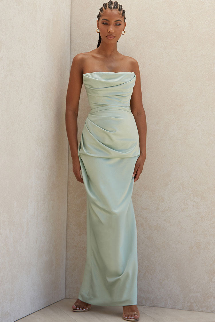 Silky High Slit Strapless Ruched Satin Maxi Dress - Sage Green  Fashionpara