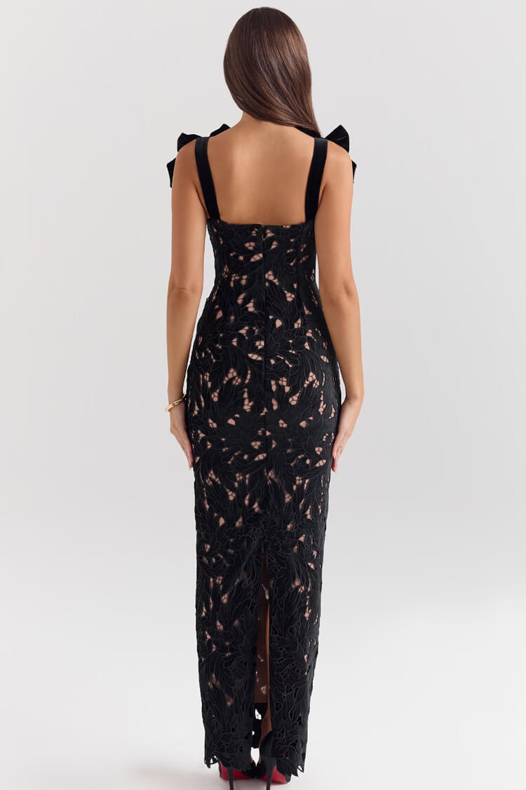 Silky Satin Bow Trim Sleeveless Bodycon Guipure Lace Evening Maxi Dress