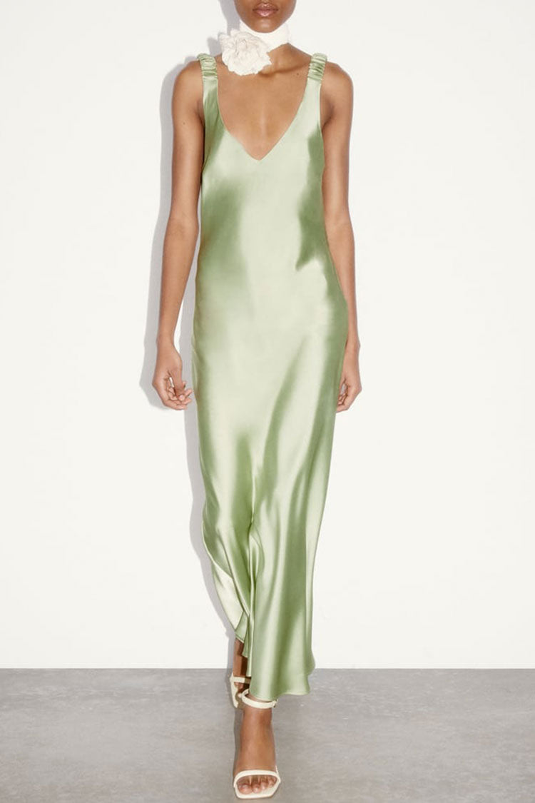 Silky Satin Deep V Ruched Suspender Strap Sleeveless Maxi Dress - Green - Fashionpara