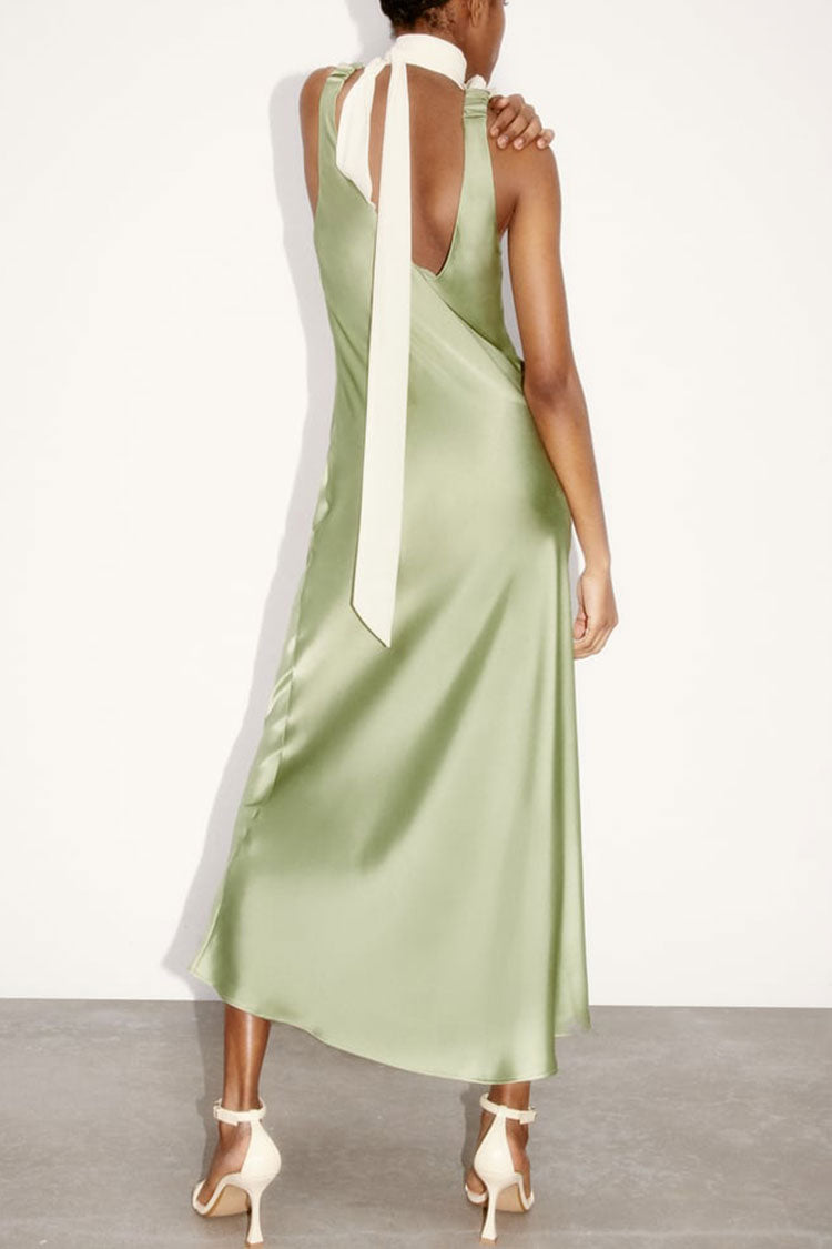 Silky Satin Deep V Ruched Suspender Strap Maxi Dress - Green - View 3