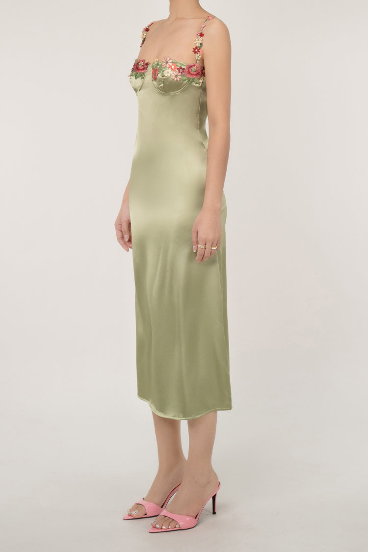 Silky Satin Floral Embroidered Bustier Spaghetti Strap Slip Midi Sundress - Fashionpara