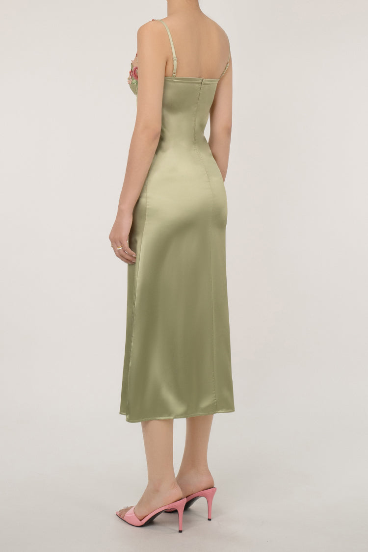 Silky Satin Floral Embroidered Bustier Spaghetti Strap Slip Midi Sundress - Fashionpara