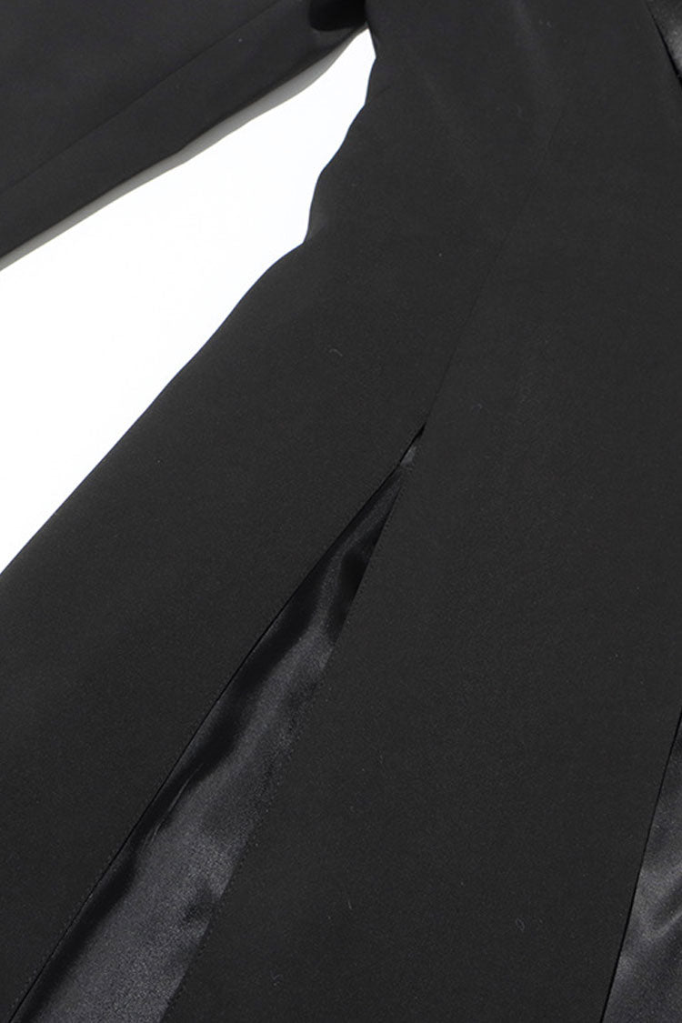 Silky Satin Lapel Strong Shoulder One Button High Split Tailored Blazer Maxi Dress