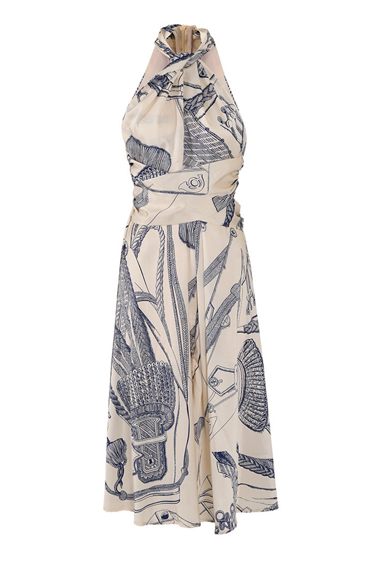 Silky Satin Printed Twist Neck Ruched Sleeveless French Midi Sundress - Fashionpara