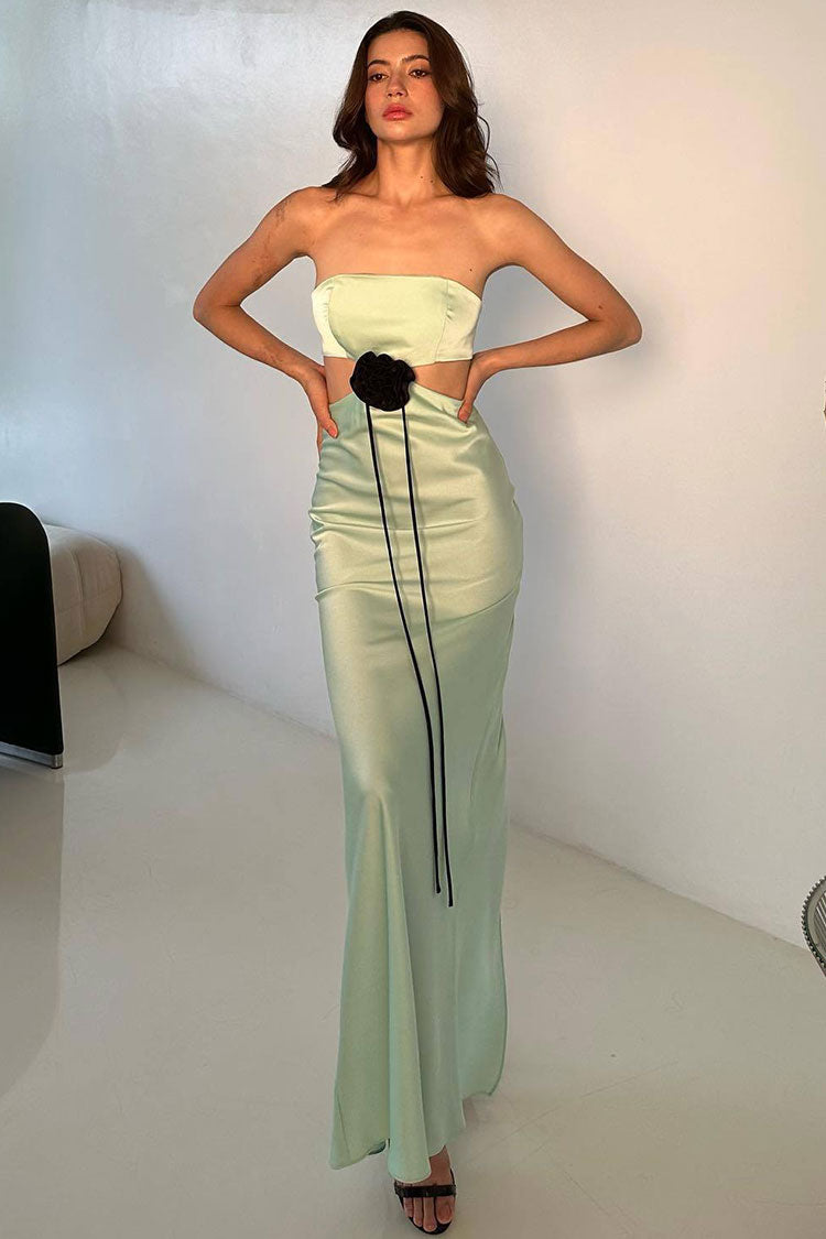 Silky Satin Rosette Trim Cutout Prom Maxi Dress - Mint Green