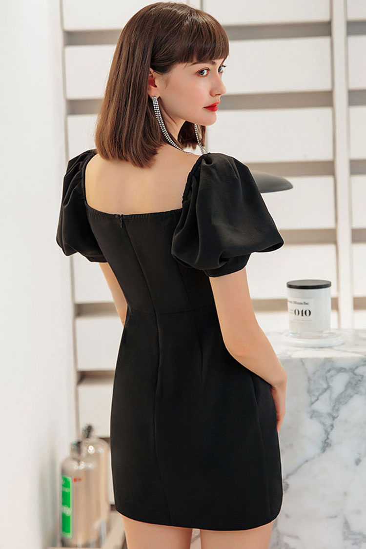 Silky Satin Square Neck Puff Sleeve Party Mini Dress - Black - View 3