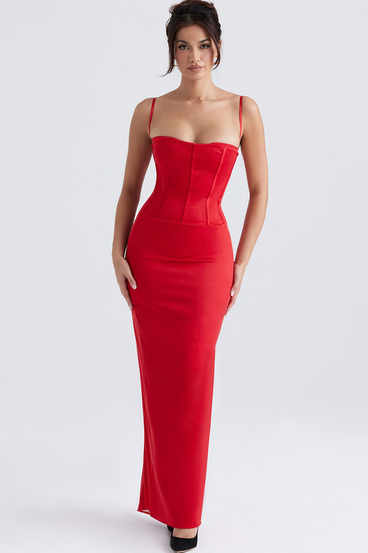 Satin Spaghetti Strap Corset Bodycon Maxi Dress