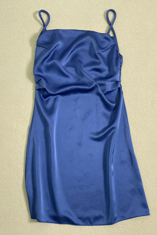 Silky Square Neck Spaghetti Strap Ruched Side Satin Slip Mini Dress - Blue  Fashionpara