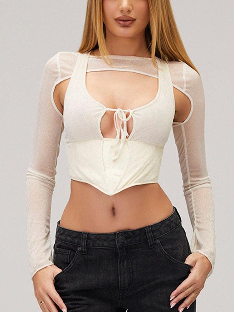KittenAlarm - Silvana Double Deck Elastic Boning Lace up Hollow out Tank Top