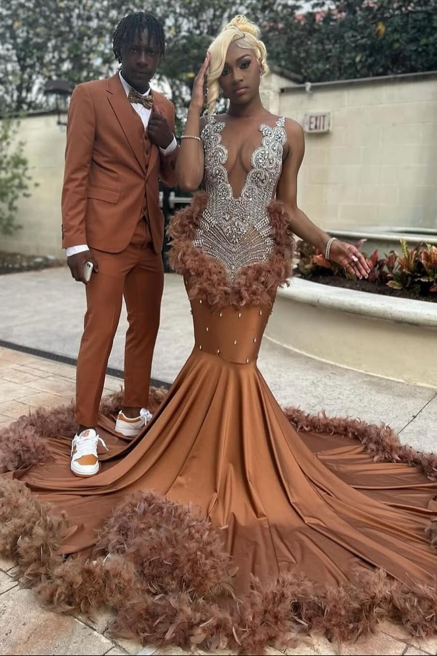 Silver Beaded Deep V-neck Brown Feathers Mermaid Prom Dresses