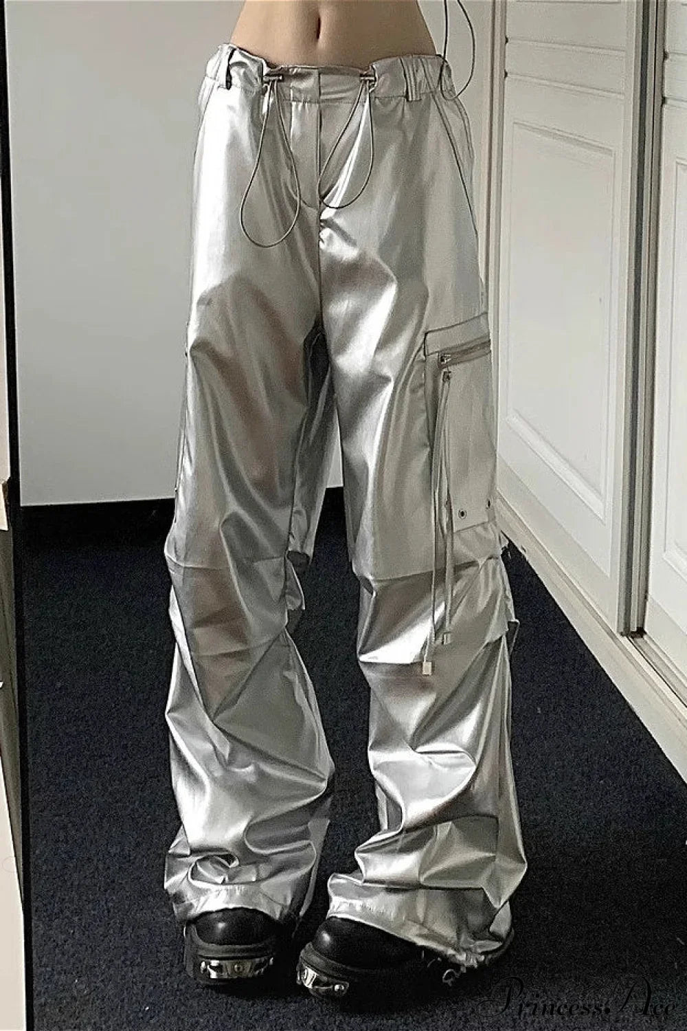 Silver Cuffed High Waist Cargo Pants White / S