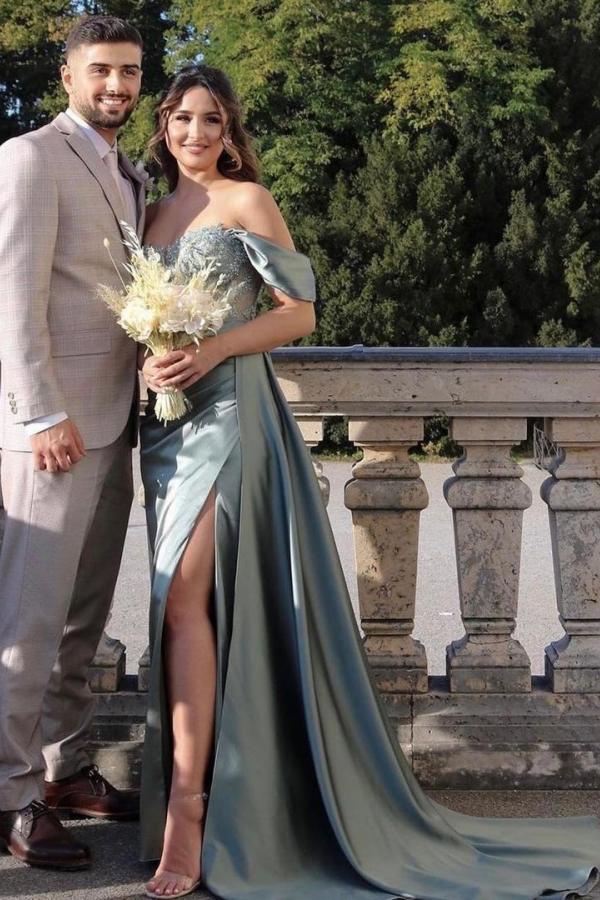 Silver Grey Off-the-Shoulder Prom Dress Split With Appliques - Fashionpara