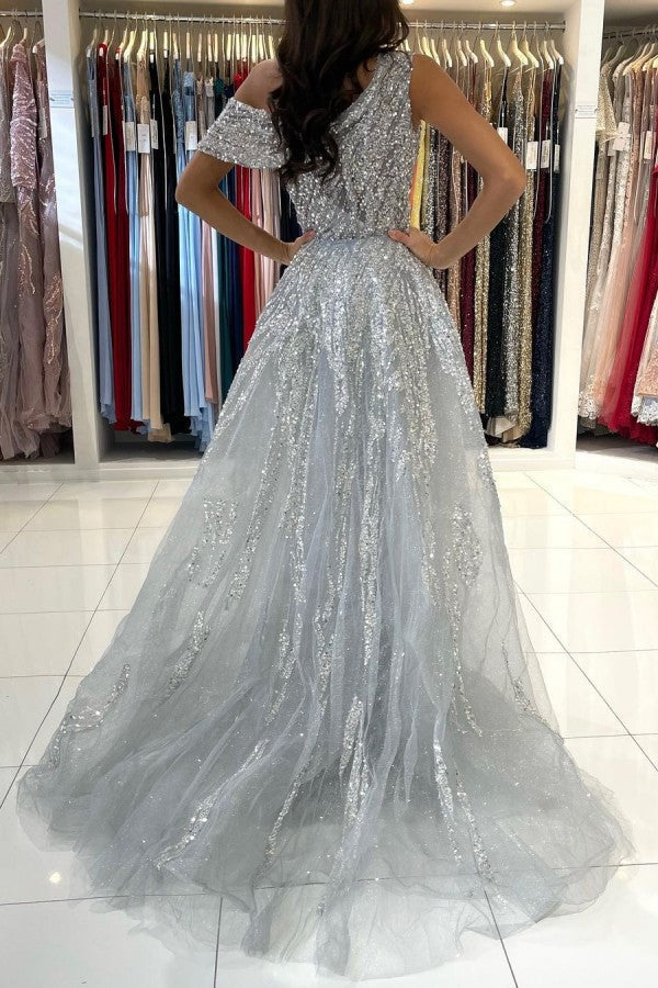 Silver Grey One Shoulder Prom Dress Overskirt With Sequins Beadings - Fashionpara