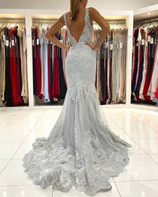 Silver Lace Long Sleeveless Mermaid Evening Dress