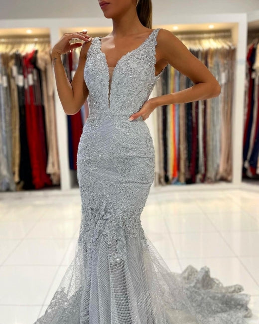 Silver Lace Long Sleeveless Mermaid Evening Dress