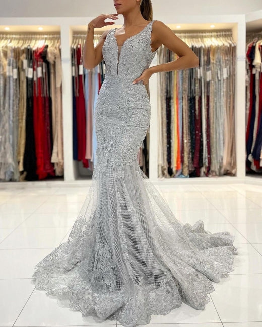 Silver Lace Long Sleeveless Mermaid Evening Dress