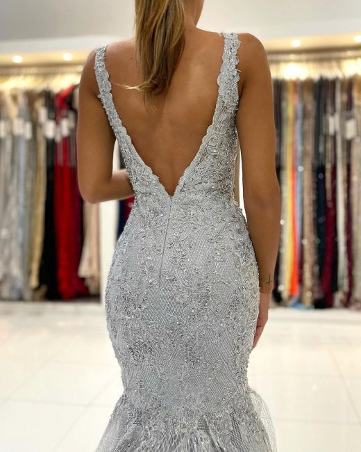 Silver Lace Long Sleeveless Mermaid Evening Dress