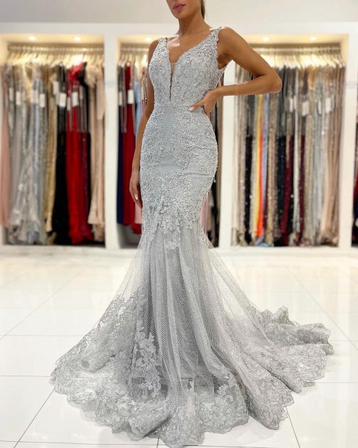 Silver Lace Long Sleeveless Mermaid Evening Dress