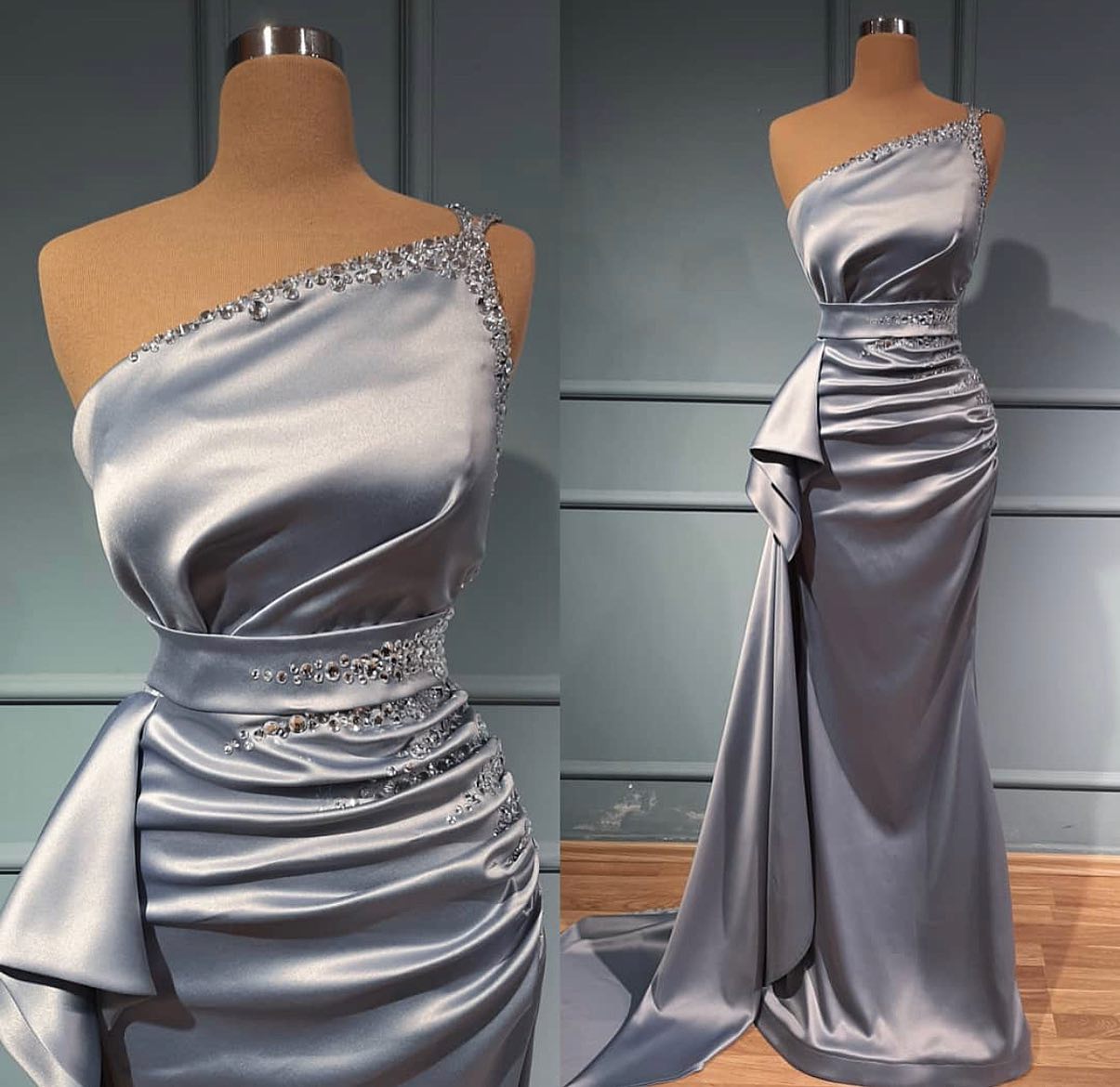 Silver One Shoulder Mermaid Prom Dress Long With Beads - Fashionpara