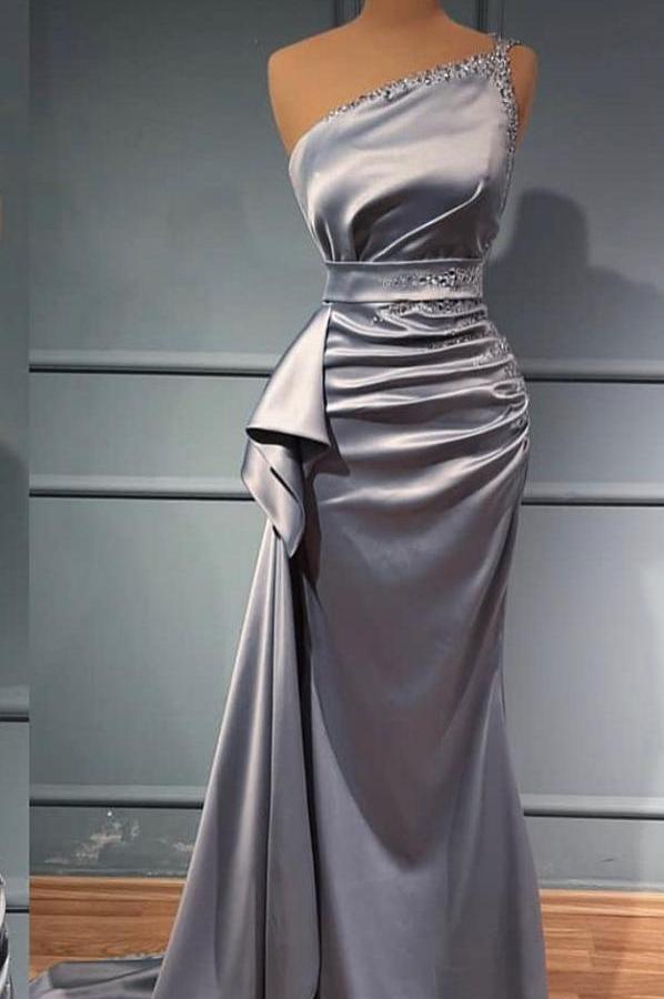 Silver One Shoulder Mermaid Prom Dress Long With Beads - Fashionpara