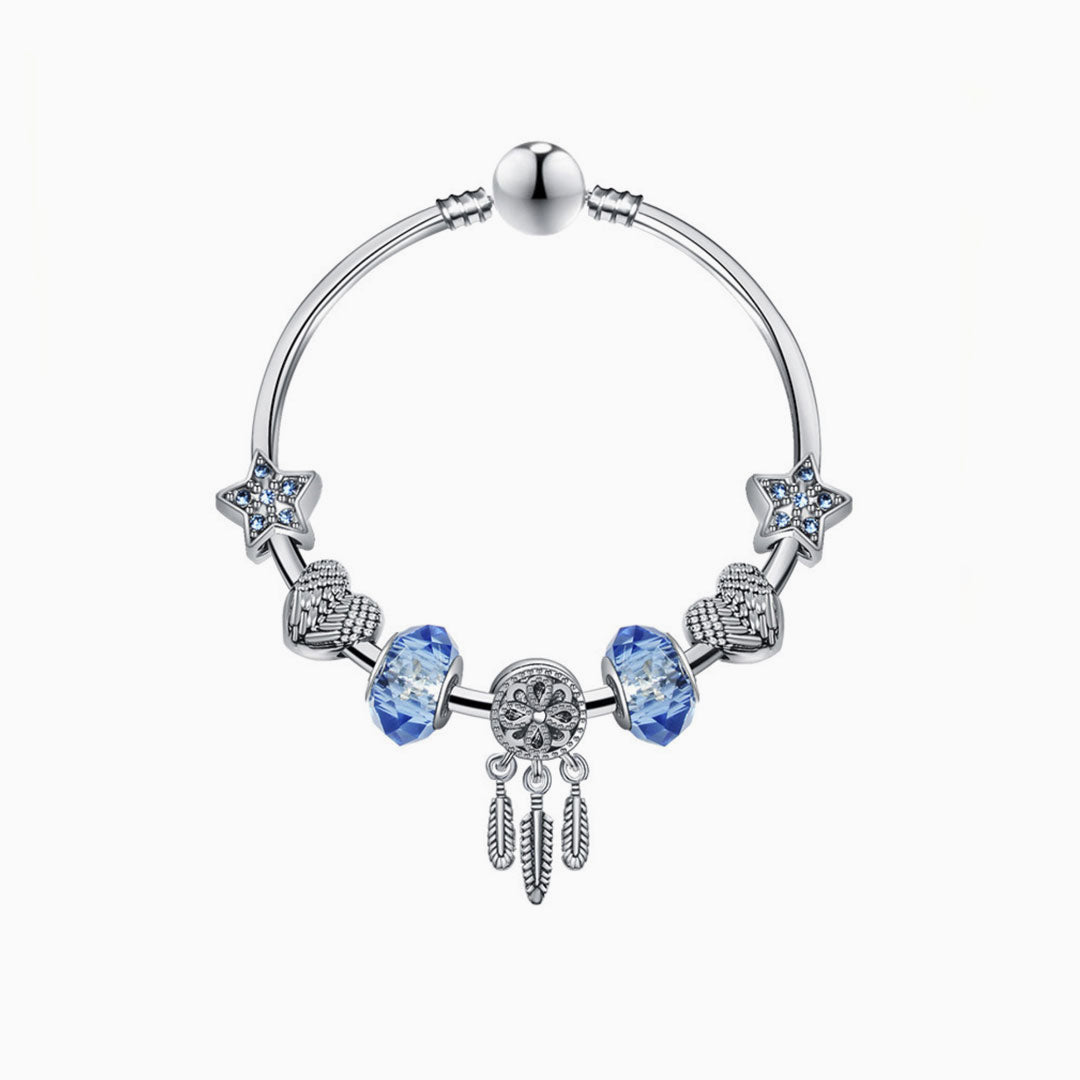 Silver Plated Rhinestone Charm Bangle Bracelet - Silver