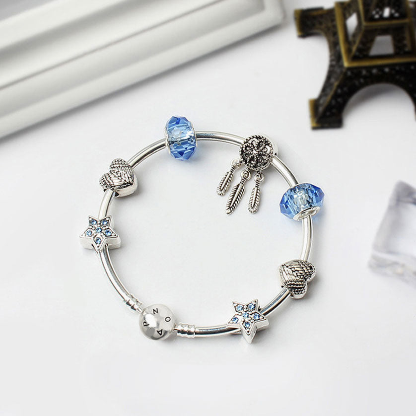 Silver Plated Rhinestone Charm Bangle Bracelet - Silver