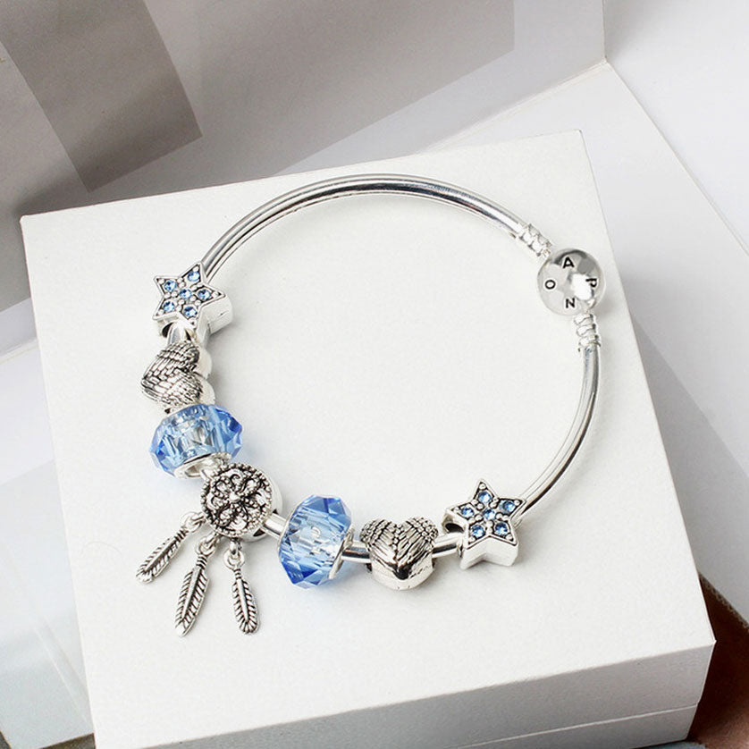 Silver Plated Rhinestone Charm Bangle Bracelet - Silver