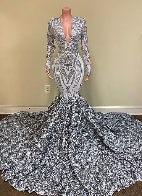 Silver Prom Dress Mermaid Long Sleeves V-Neck With Flowers - Fashionpara