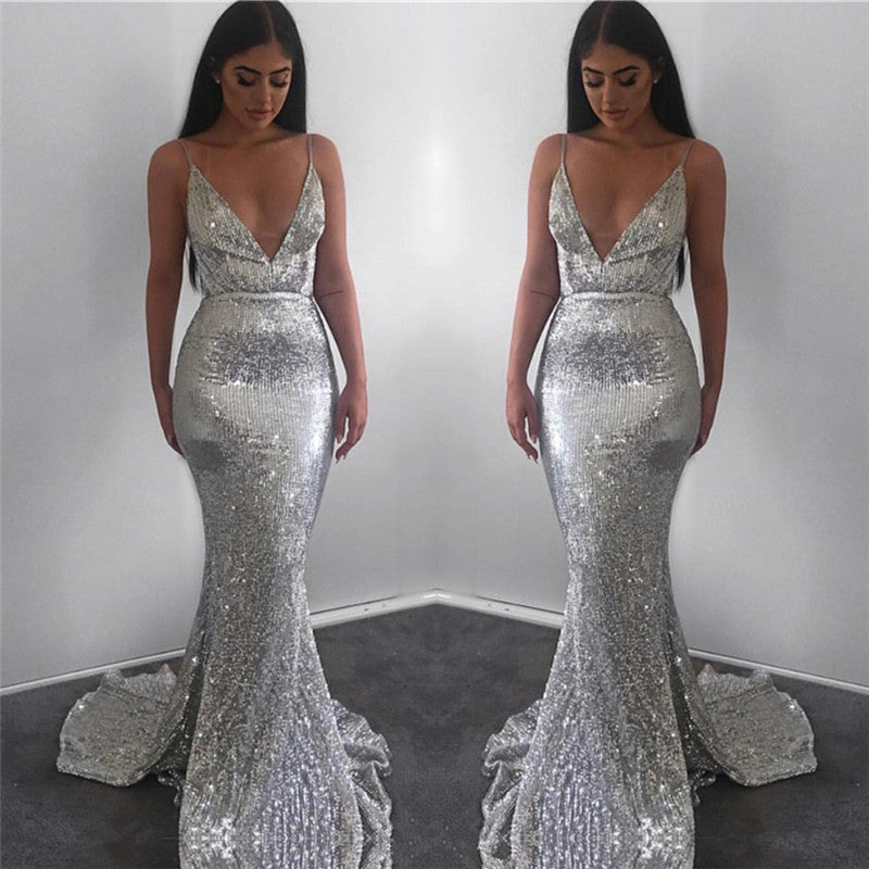 Silver Sequins Mermaid Prom Dress Sleeveless Spaghetti-Straps - Fashionpara