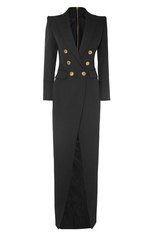 Double Breasted Peak Lapel Long Sleeve High Split Maxi Blazer Dress - View 3